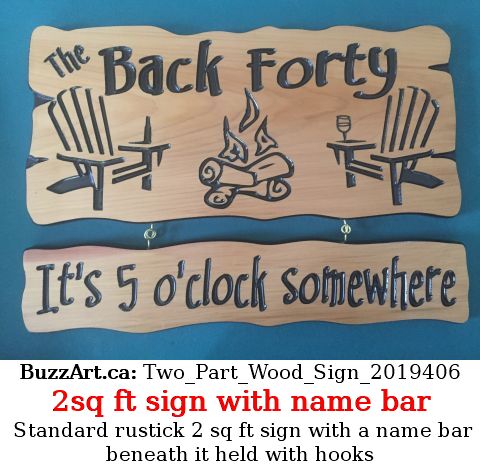 two part cottage sign camp fire adirondack chairs and name bar.  It's 5 o'clock seomewher